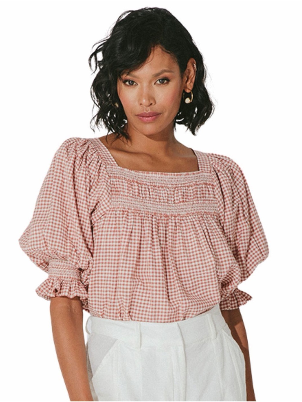 Cleobella Nahia Blouse Rose Gingham Smocked Peasant Cottagecore Small